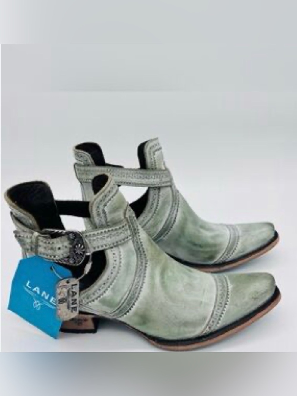 Lane Cahoots Western Booties Size 7.5 Light Teal Blue Leather Cutout Snip Toe - Picture 12 of 13